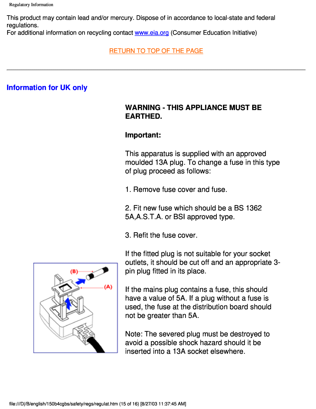 Philips 150B4CB, 150B4CG, 150B4CS user manual Information for UK only, Warning - This Appliance Must Be Earthed 