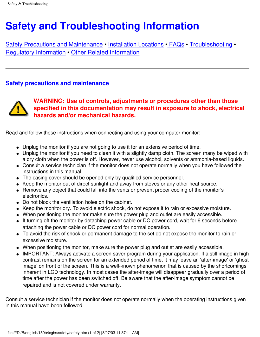 Philips 150B4CS, 150B4CB, 150B4CG user manual Safety and Troubleshooting Information, Safety precautions and maintenance 