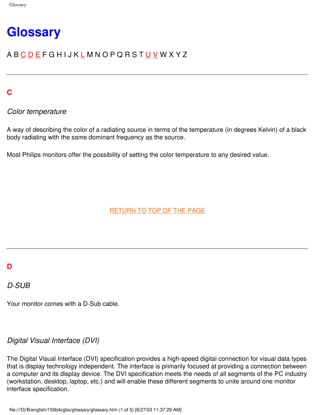 Philips 150B4CS, 150B4CB, 150B4CG user manual Glossary, Color temperature 