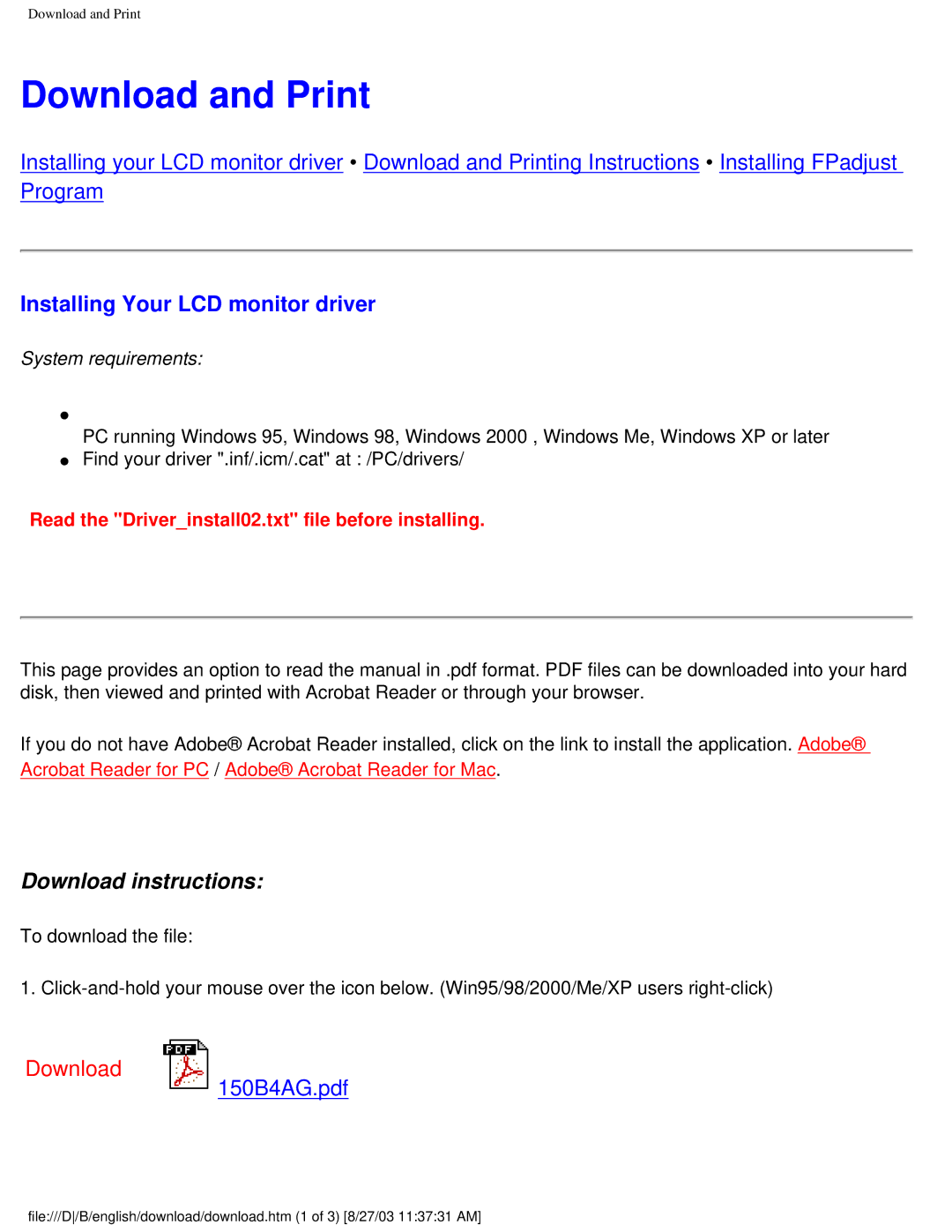 Philips 150B4CG, 150B4CB, 150B4CS user manual Download and Print, Installing Your LCD monitor driver 