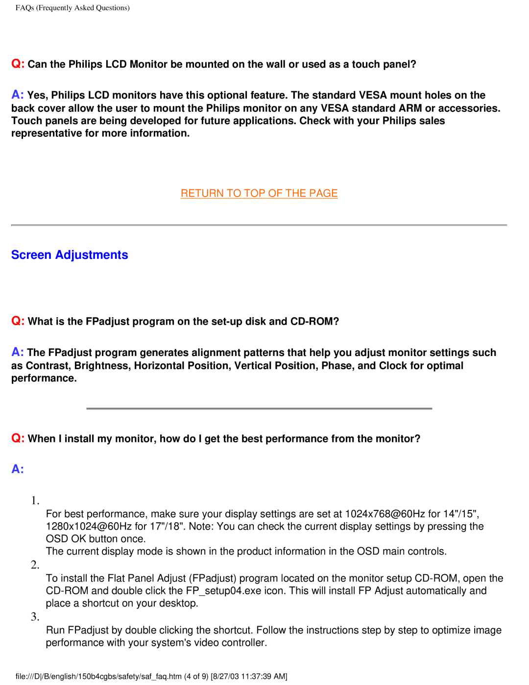 Philips 150B4CG, 150B4CB, 150B4CS user manual Screen Adjustments 