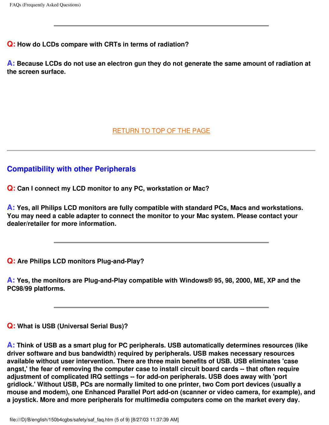 Philips 150B4CS, 150B4CB, 150B4CG user manual Compatibility with other Peripherals 