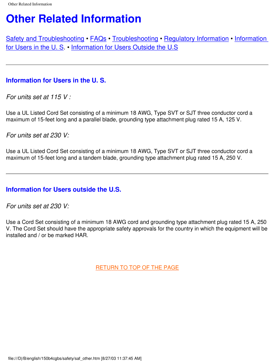 Philips 150B4CS Other Related Information, Information for Users in the U. S, Information for Users outside the U.S 