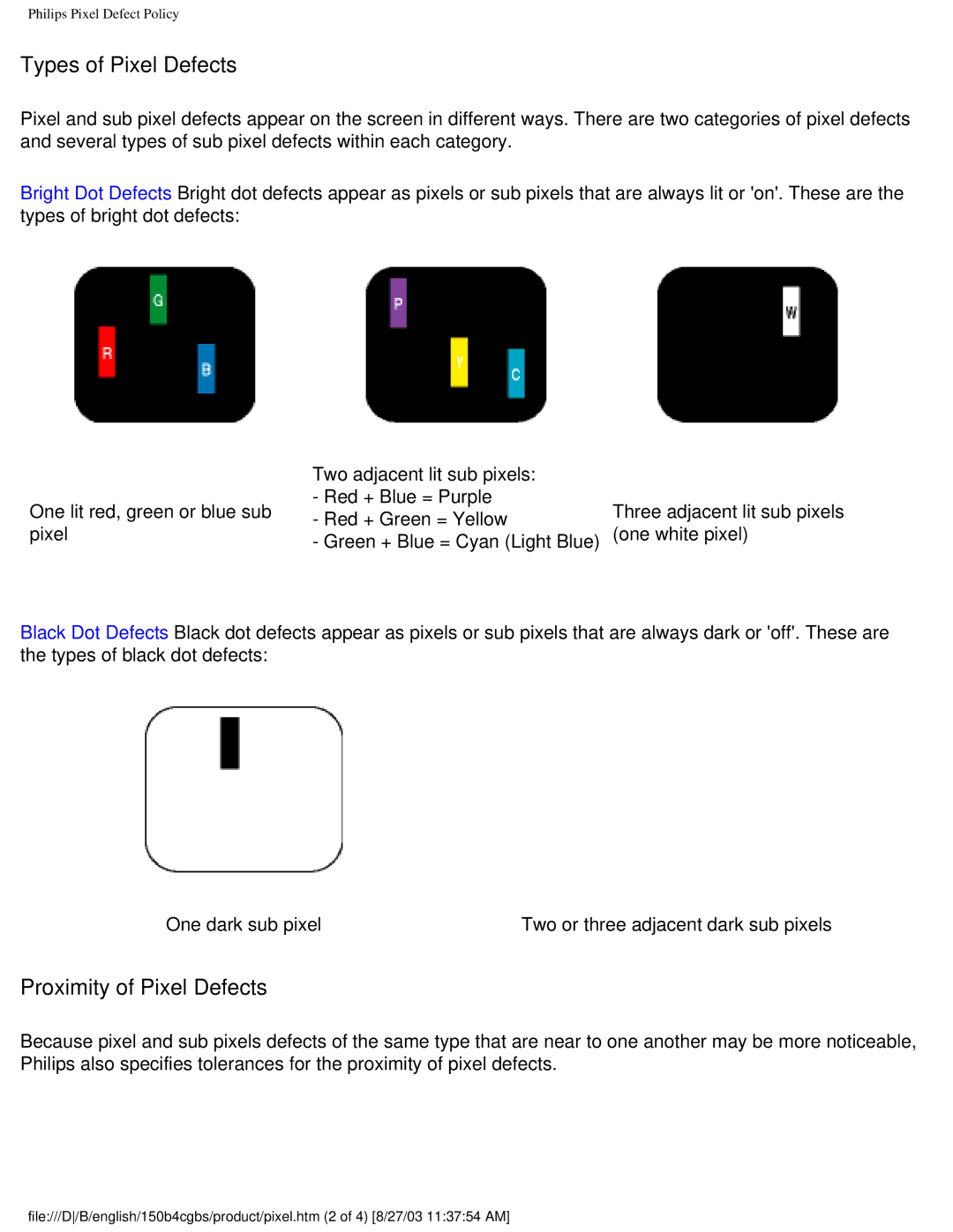 Philips 150B4CG, 150B4CB, 150B4CS user manual Types of Pixel Defects, Proximity of Pixel Defects 