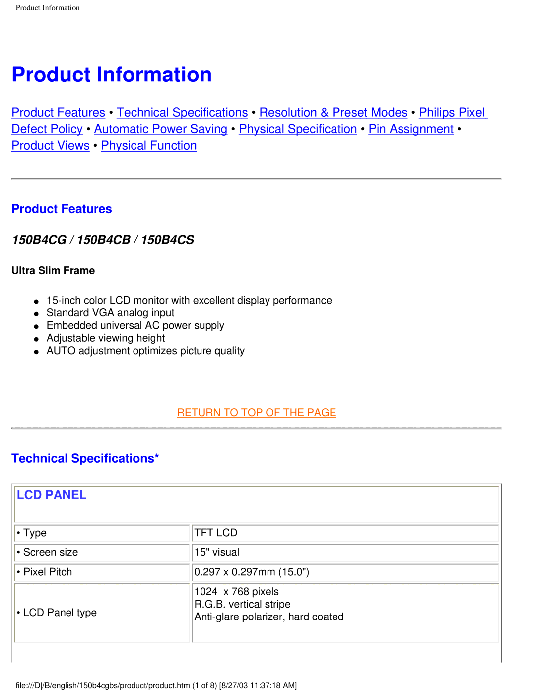 Philips 150B4CB, 150B4CG, 150B4CS user manual Product Information, Product Features, Technical Specifications 