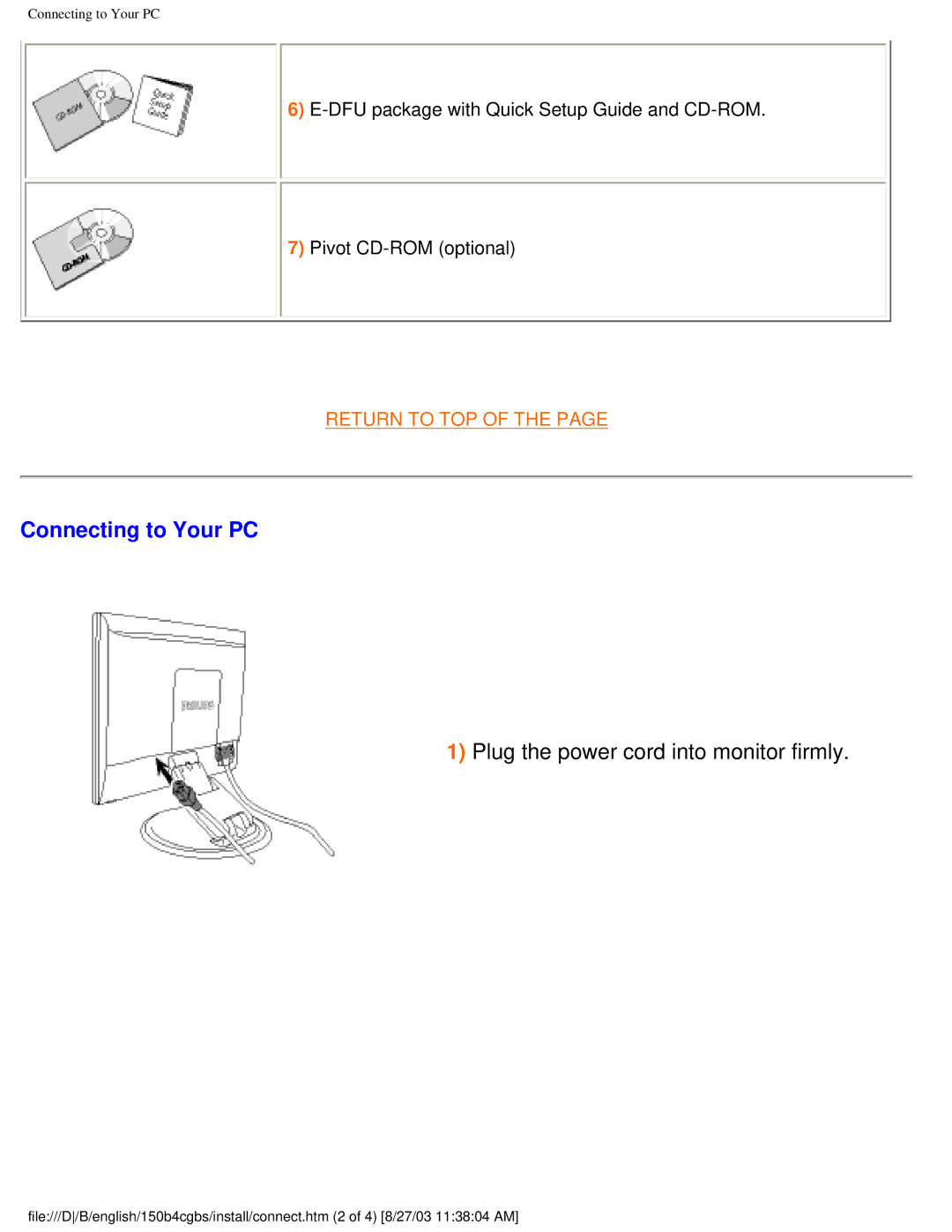 Philips 150B4CS, 150B4CB, 150B4CG user manual Connecting to Your PC, Plug the power cord into monitor firmly 