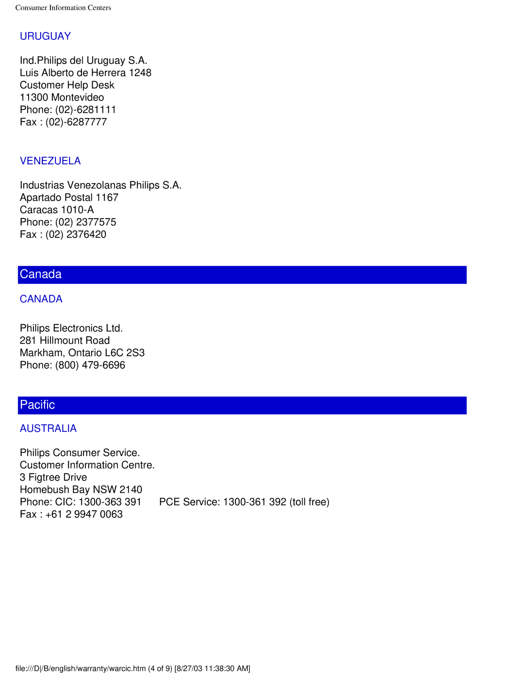 Philips 150B4CG, 150B4CB, 150B4CS user manual Uruguay, Venezuela, Canada, Australia 