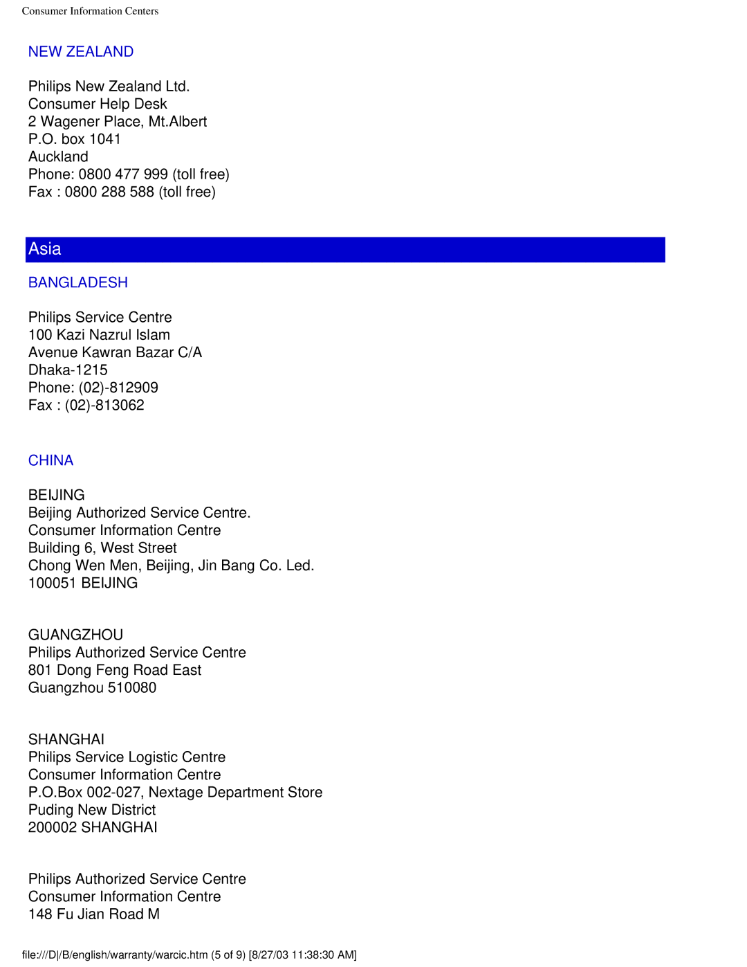 Philips 150B4CS, 150B4CB, 150B4CG user manual NEW Zealand, Bangladesh, China 