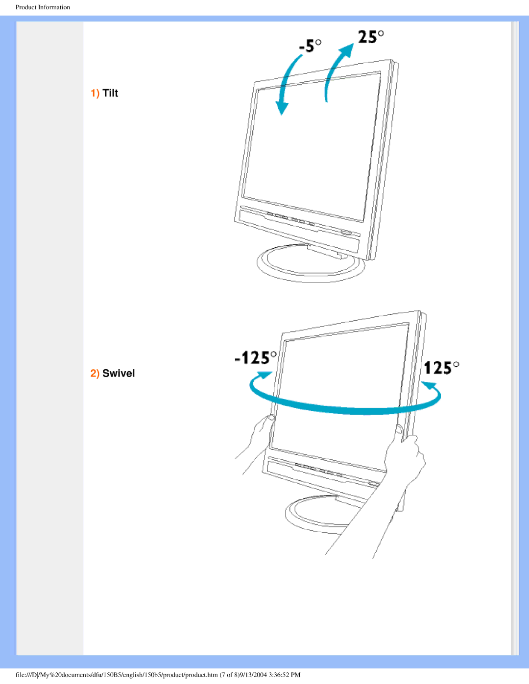 Philips 150b5 user manual Tilt Swivel 