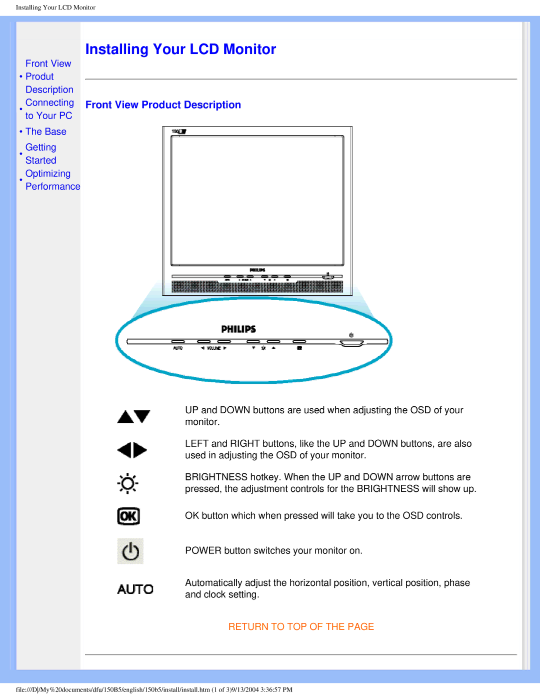 Philips 150b5 user manual Installing Your LCD Monitor, Front View Product Description 