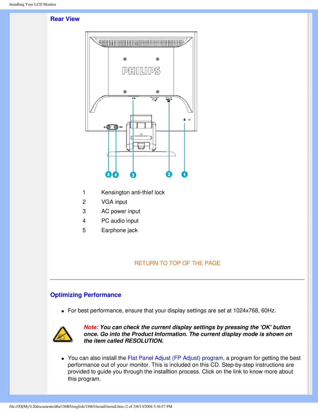 Philips 150b5 user manual Rear View, Optimizing Performance 