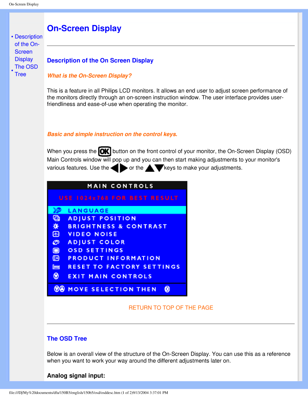 Philips 150b5 user manual Description of the On Screen Display, OSD Tree 