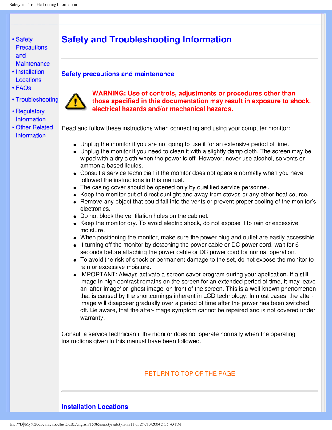 Philips 150b5 user manual Safety precautions and maintenance, Installation Locations 