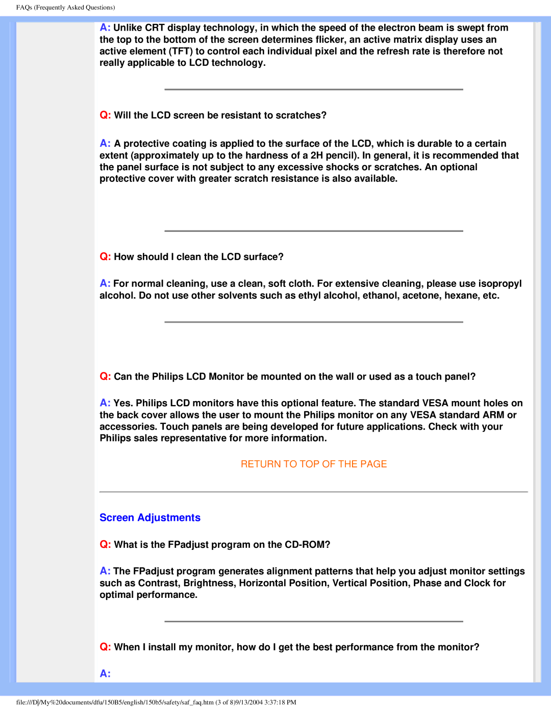 Philips 150b5 user manual Screen Adjustments 