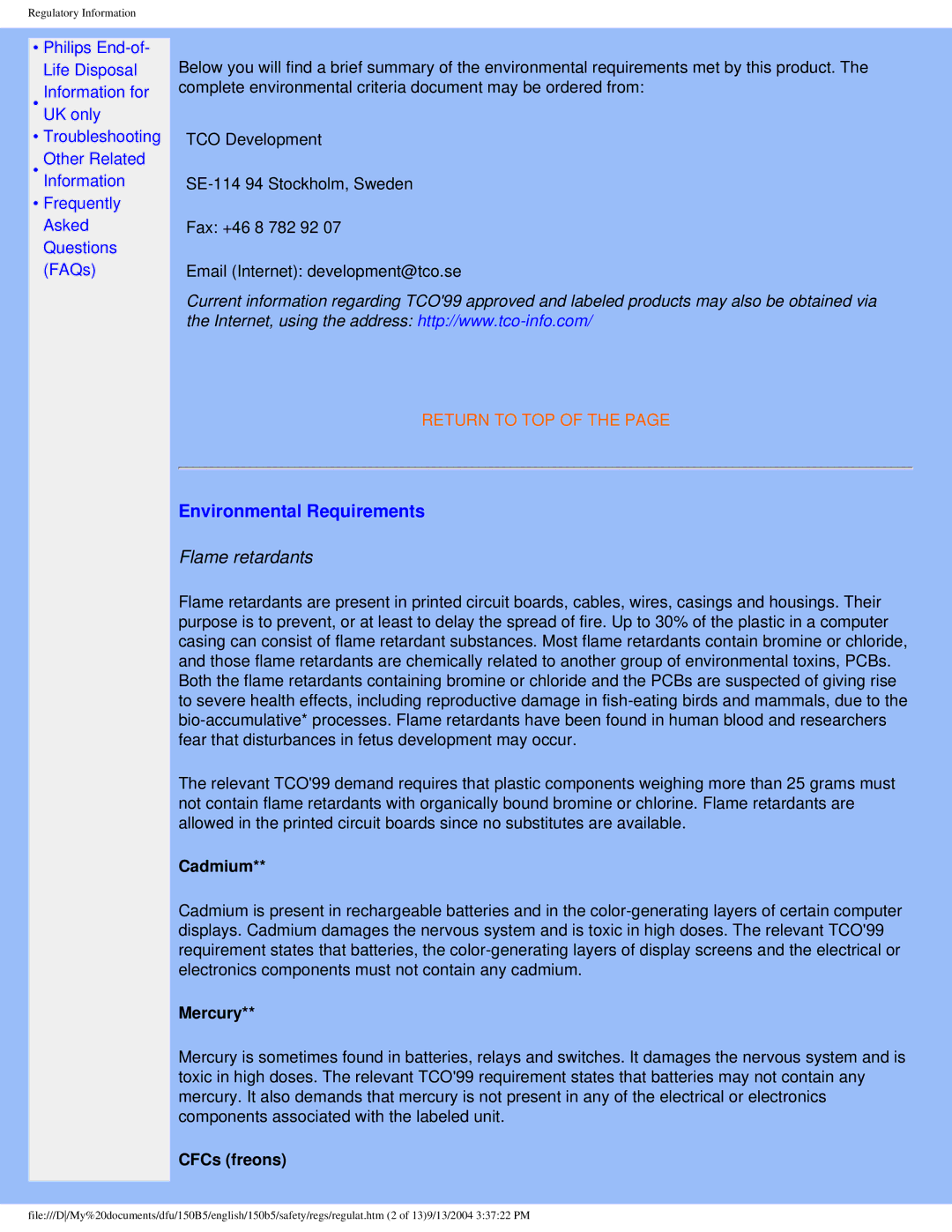 Philips 150b5 user manual Environmental Requirements, Flame retardants 