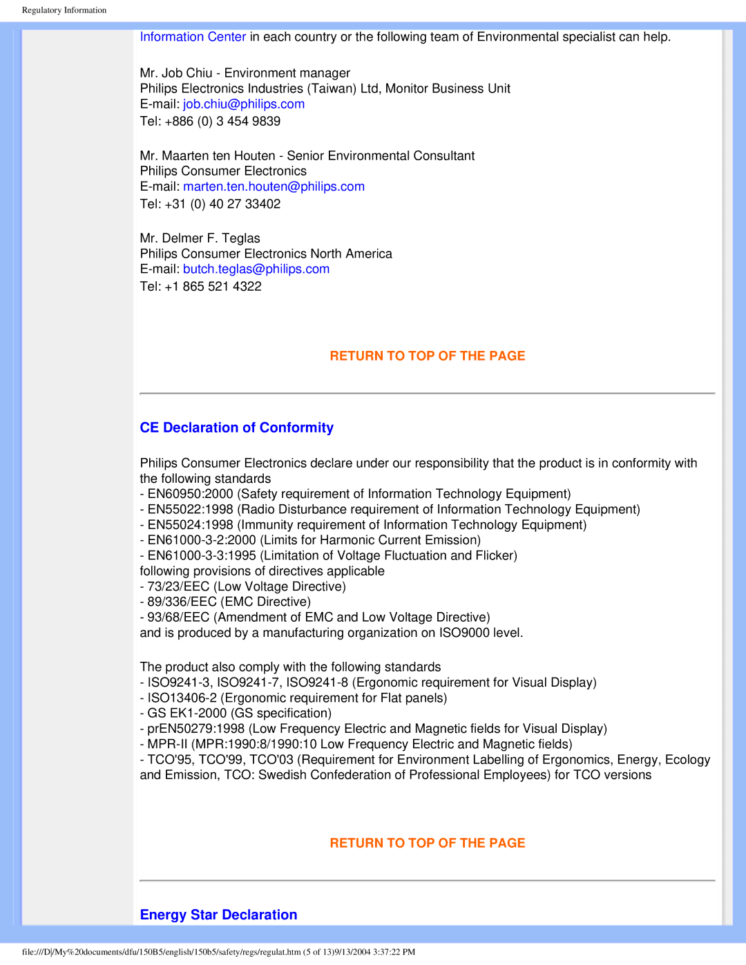 Philips 150b5 user manual CE Declaration of Conformity, Energy Star Declaration 