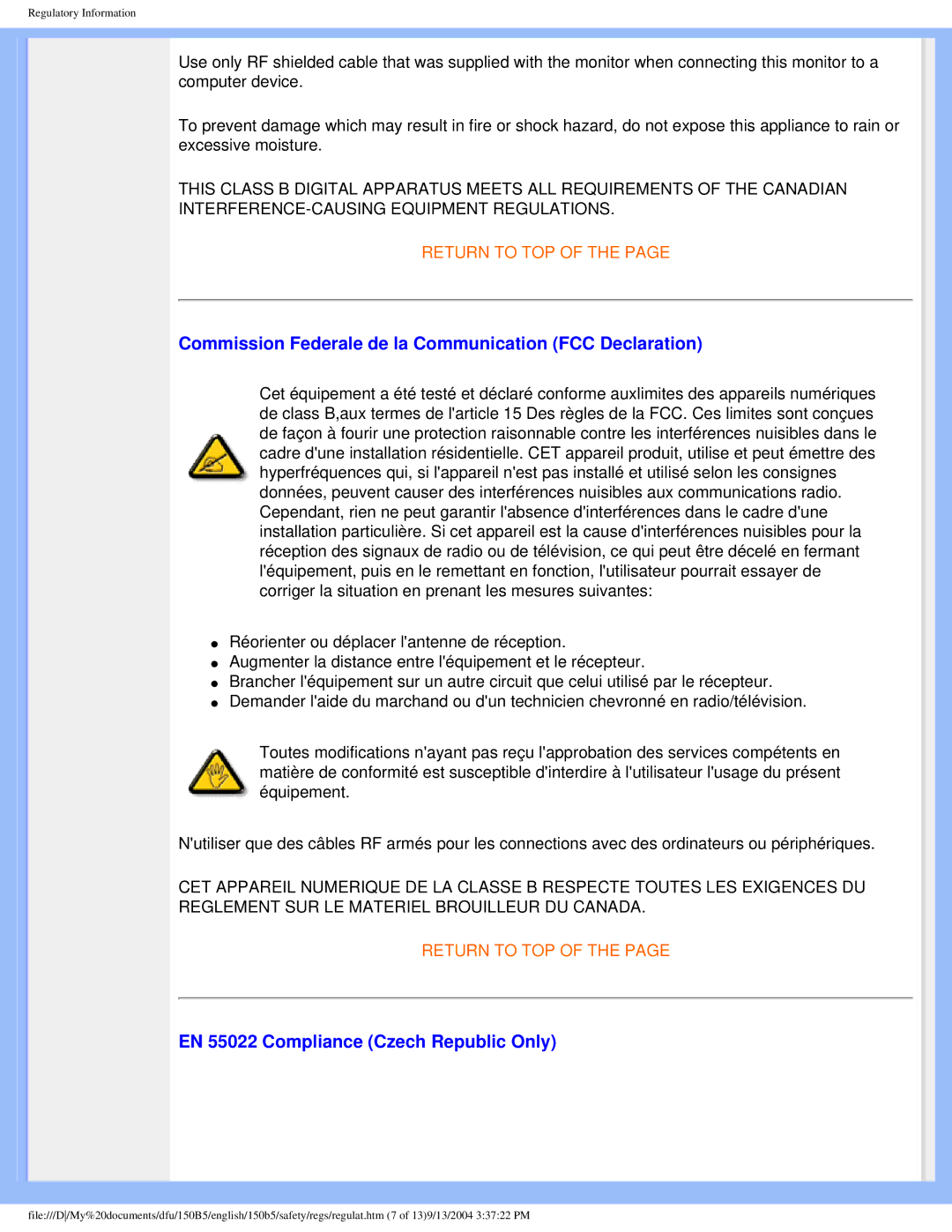 Philips 150b5 user manual Commission Federale de la Communication FCC Declaration, EN 55022 Compliance Czech Republic Only 