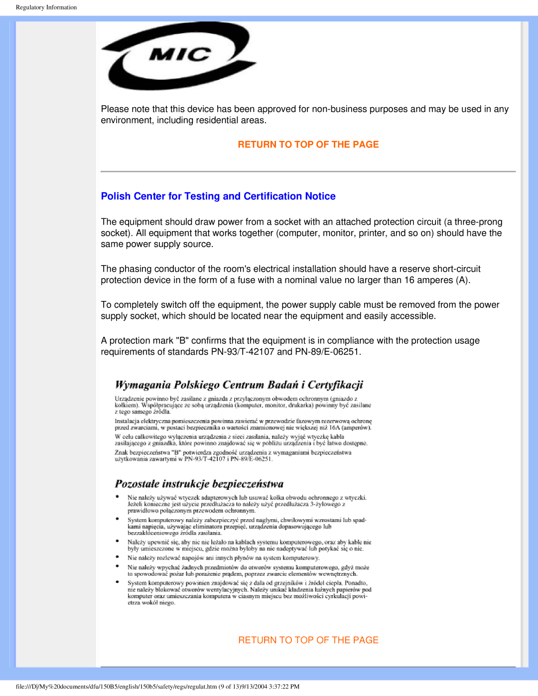 Philips 150b5 user manual Polish Center for Testing and Certification Notice 