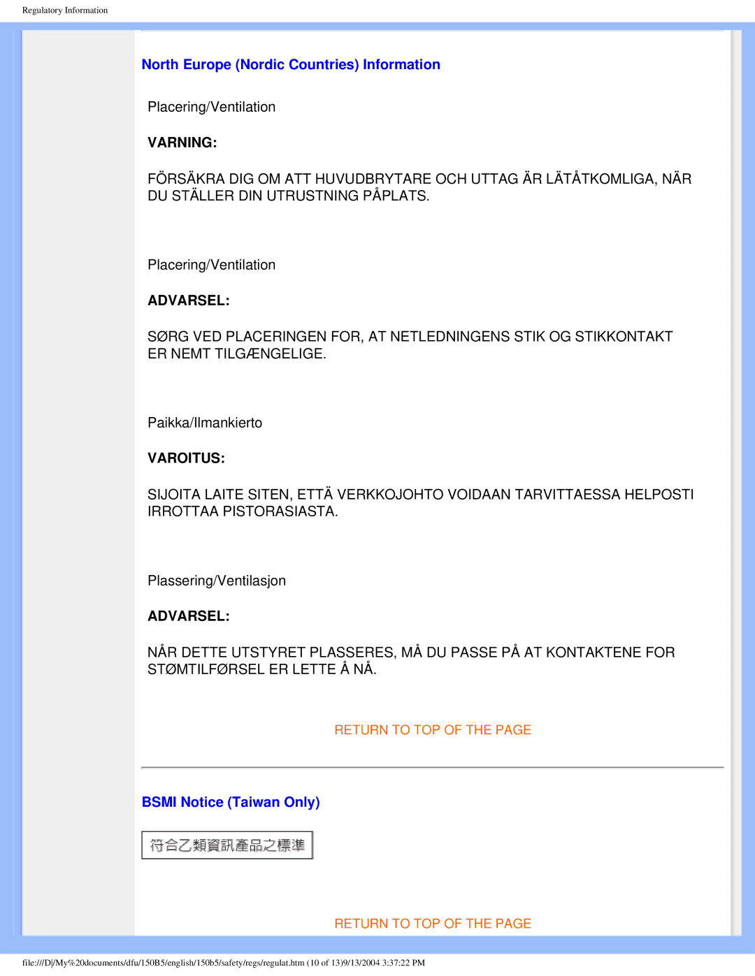 Philips 150b5 user manual North Europe Nordic Countries Information, Bsmi Notice Taiwan Only 