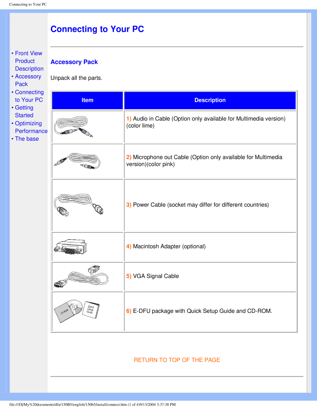 Philips 150b5 user manual Connecting to Your PC, Accessory Pack 