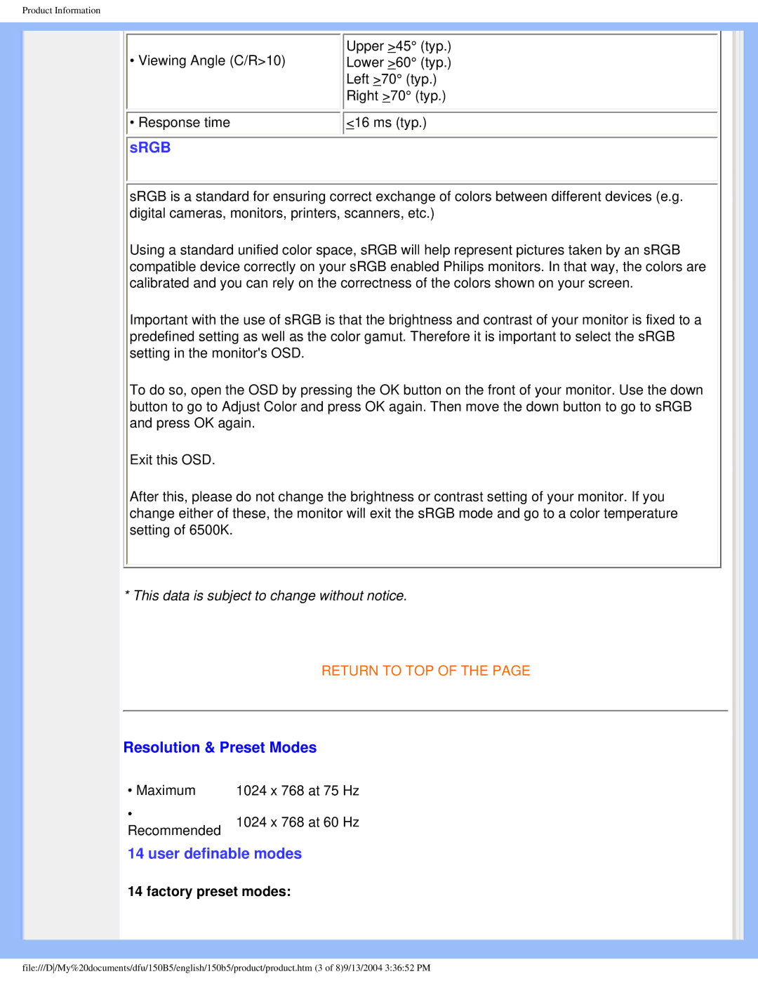 Philips 150b5 user manual Srgb, Resolution & Preset Modes 