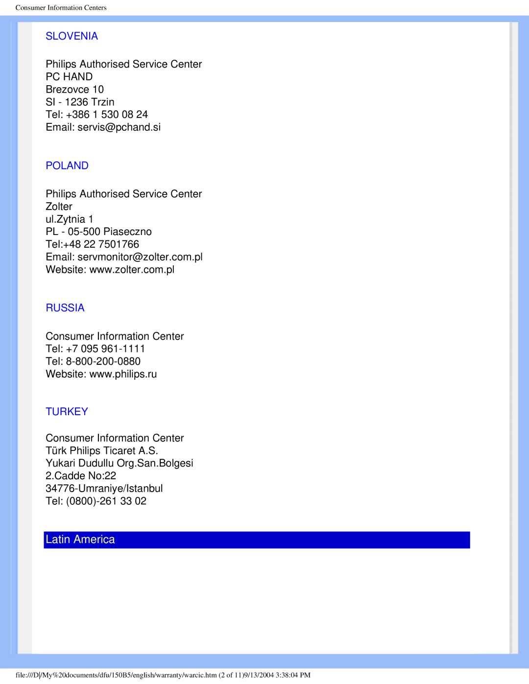 Philips 150b5 user manual Slovenia, Poland, Russia, Turkey 