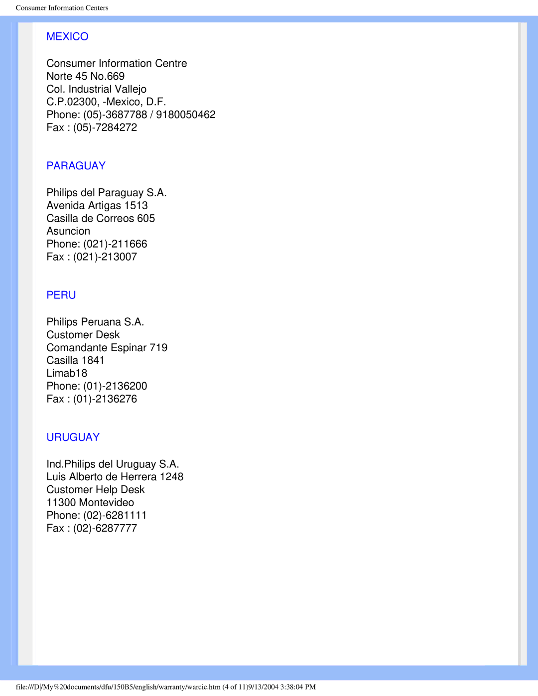 Philips 150b5 user manual Mexico, Paraguay, Peru, Uruguay 