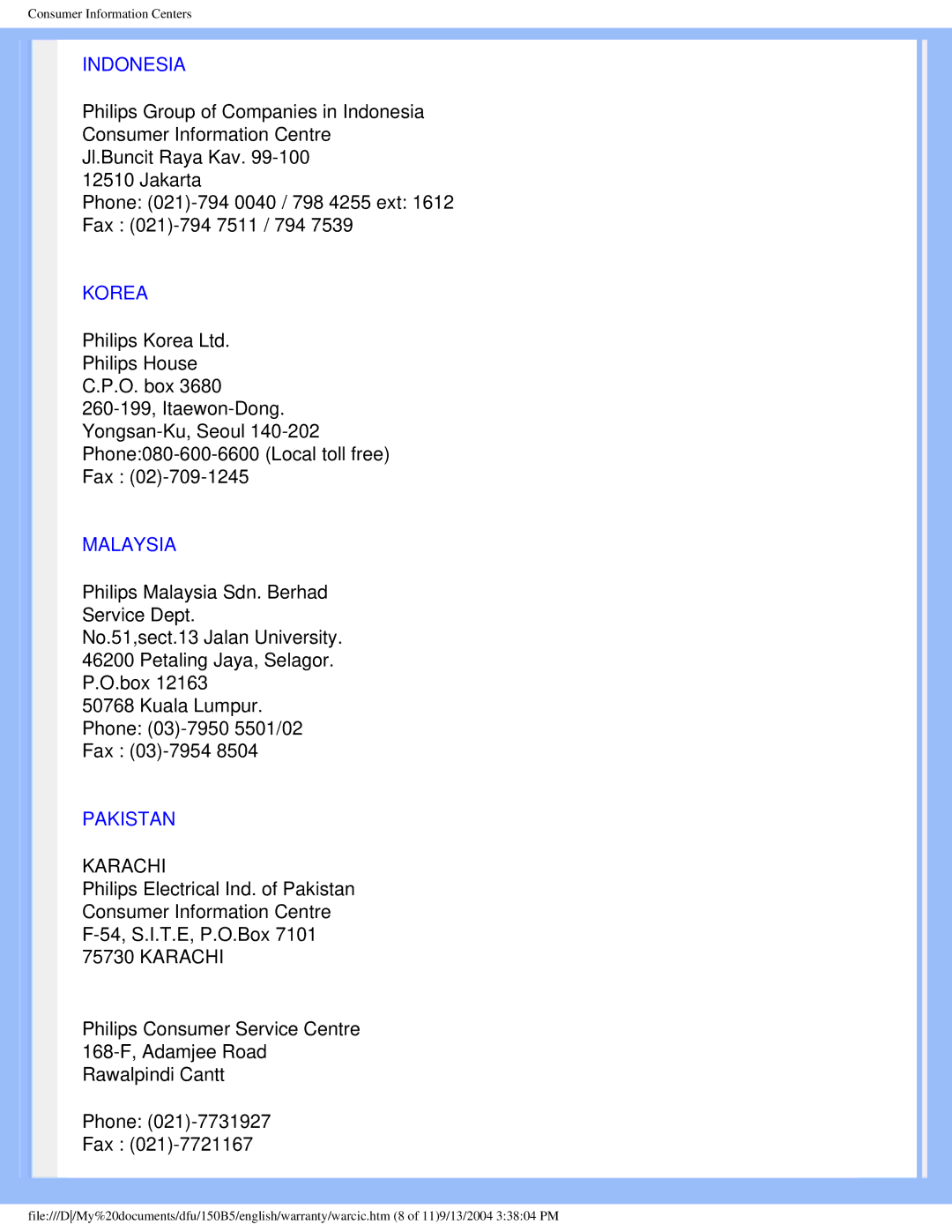 Philips 150b5 user manual Indonesia, Korea, Malaysia, Pakistan 