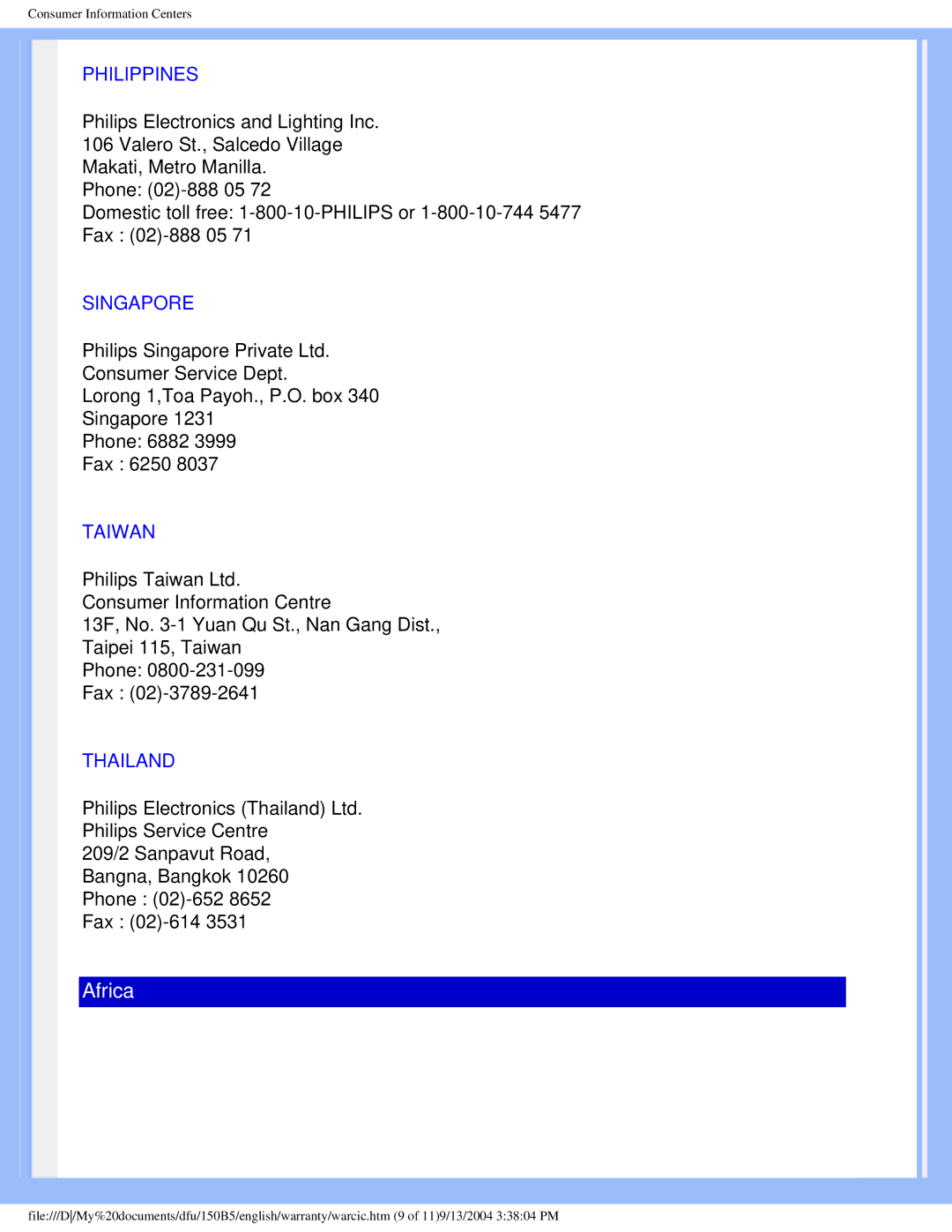 Philips 150b5 user manual Philippines, Singapore, Taiwan, Thailand 