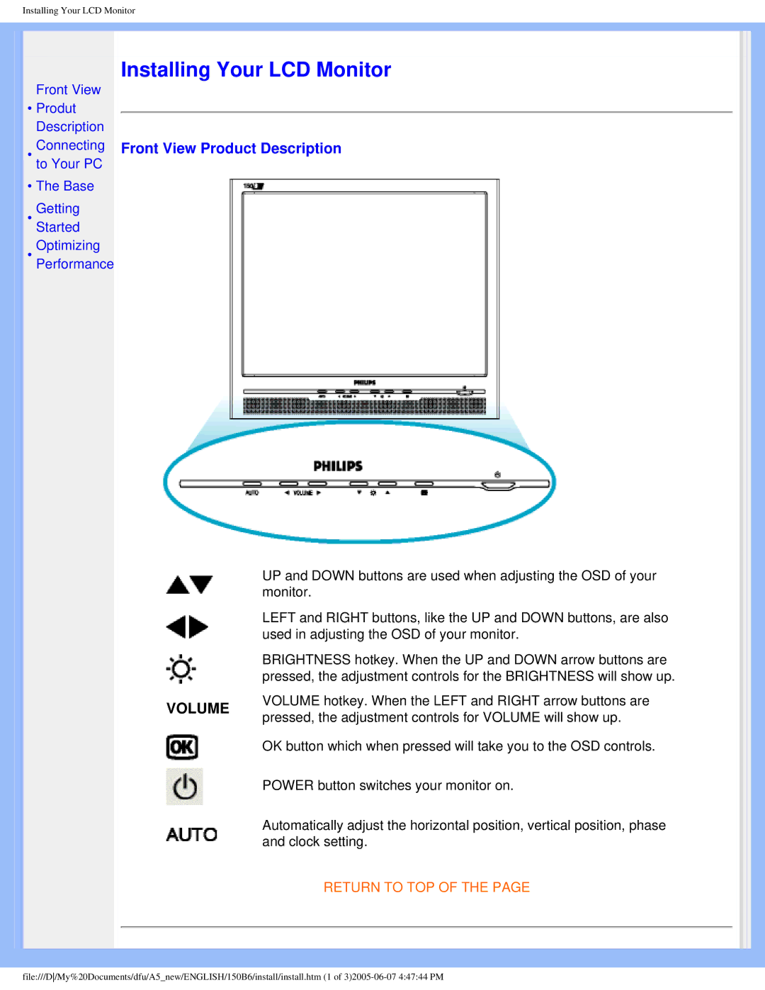 Philips 150B6 user manual Installing Your LCD Monitor, Front View Product Description 