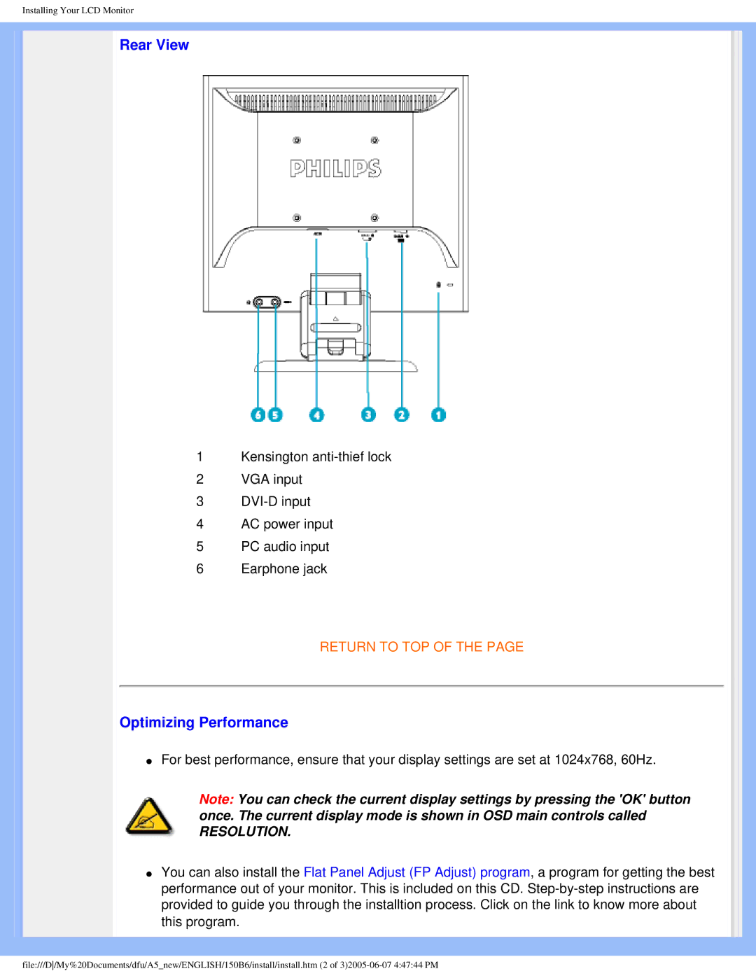 Philips 150B6 user manual Rear View, Optimizing Performance 