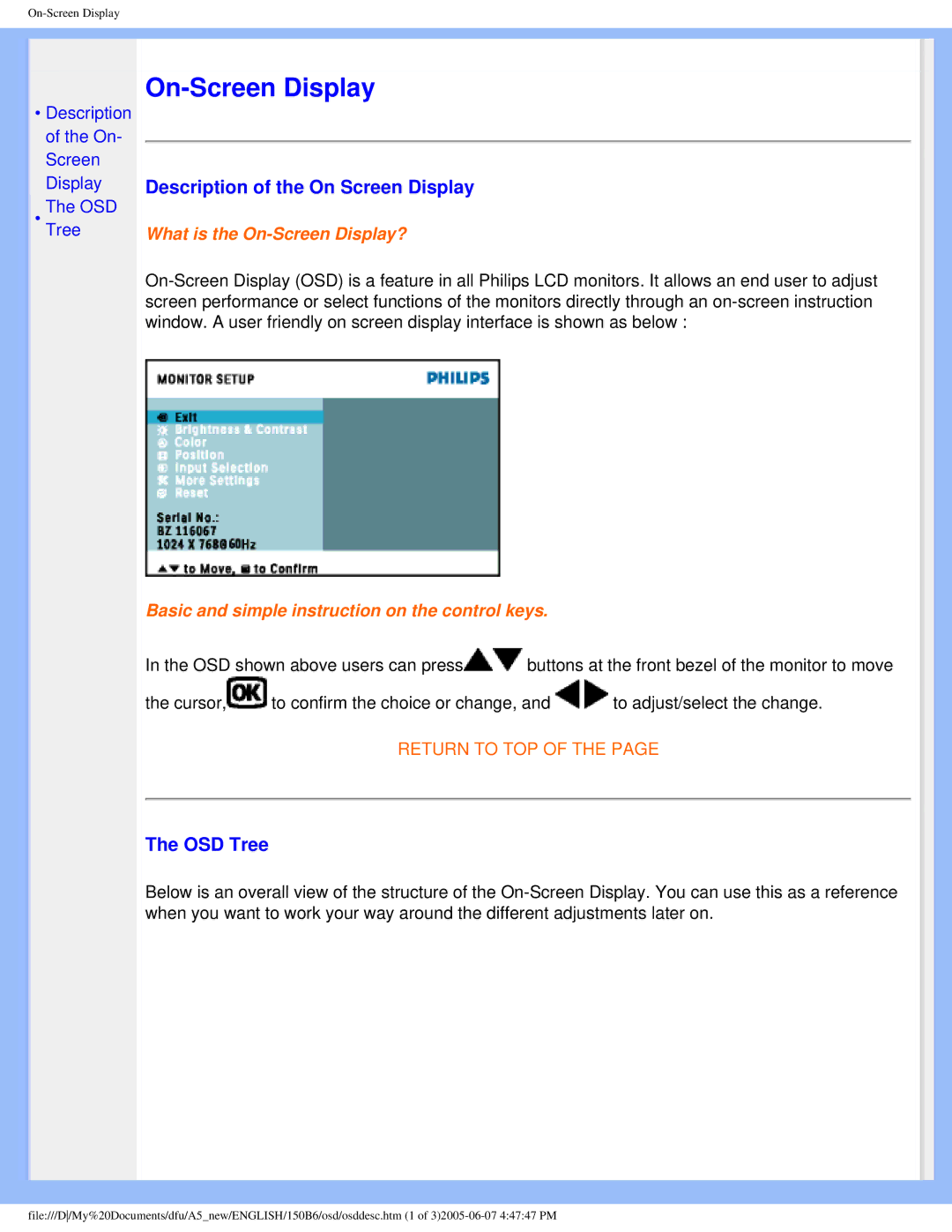 Philips 150B6 user manual Description of the On Screen Display, OSD Tree 