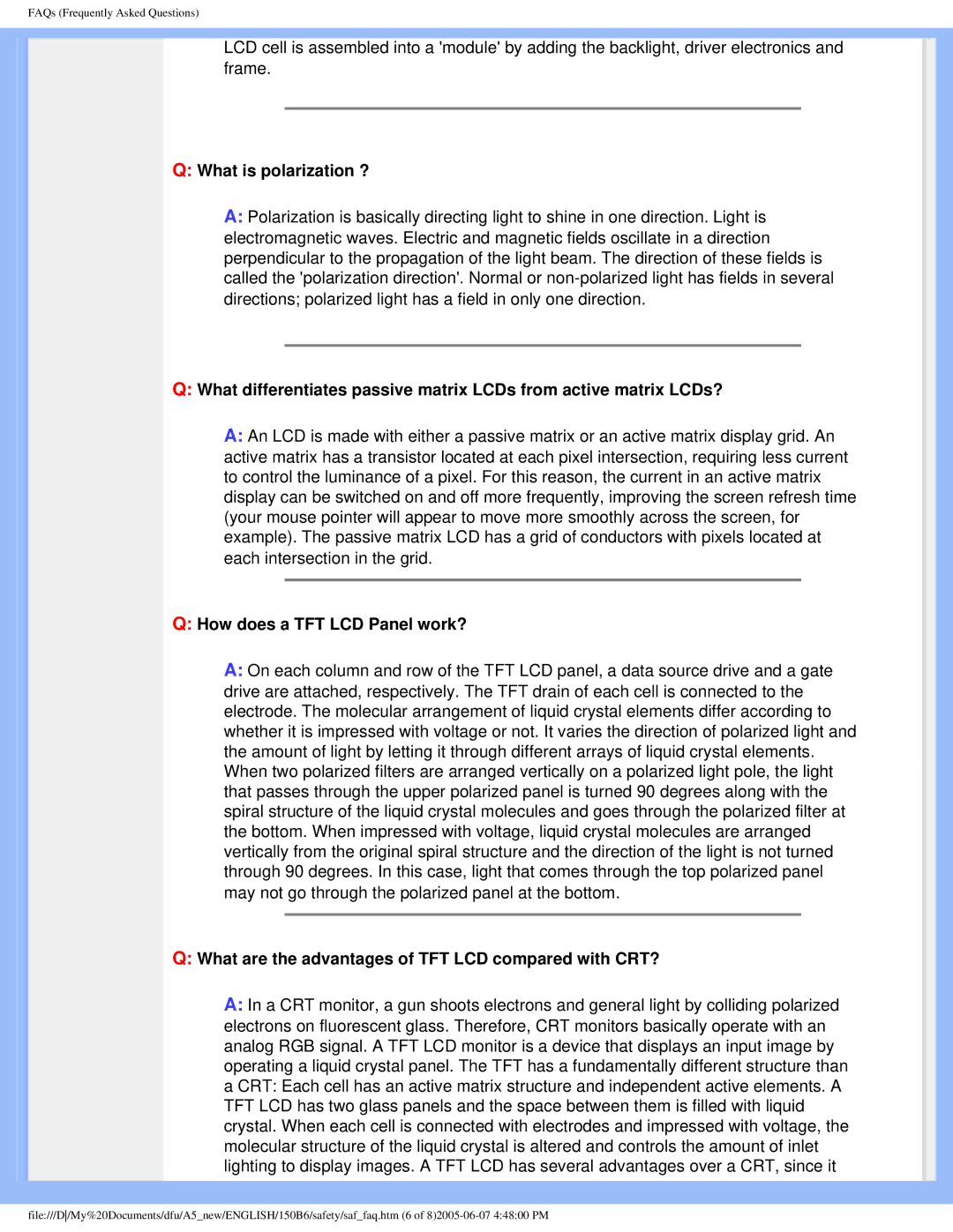 Philips 150B6 user manual What is polarization ?, How does a TFT LCD Panel work? 