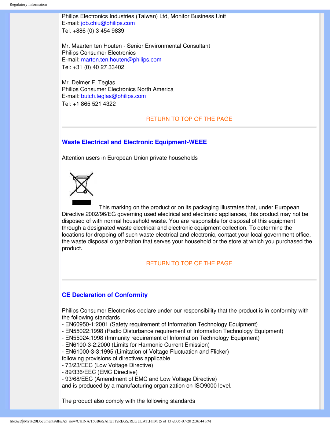 Philips 150B6 user manual Waste Electrical and Electronic Equipment-WEEE, CE Declaration of Conformity 