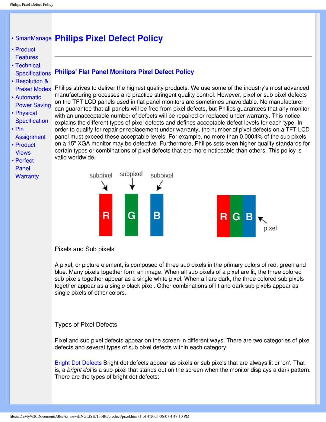 Philips 150B6 user manual Philips Pixel Defect Policy, Philips Flat Panel Monitors Pixel Defect Policy 