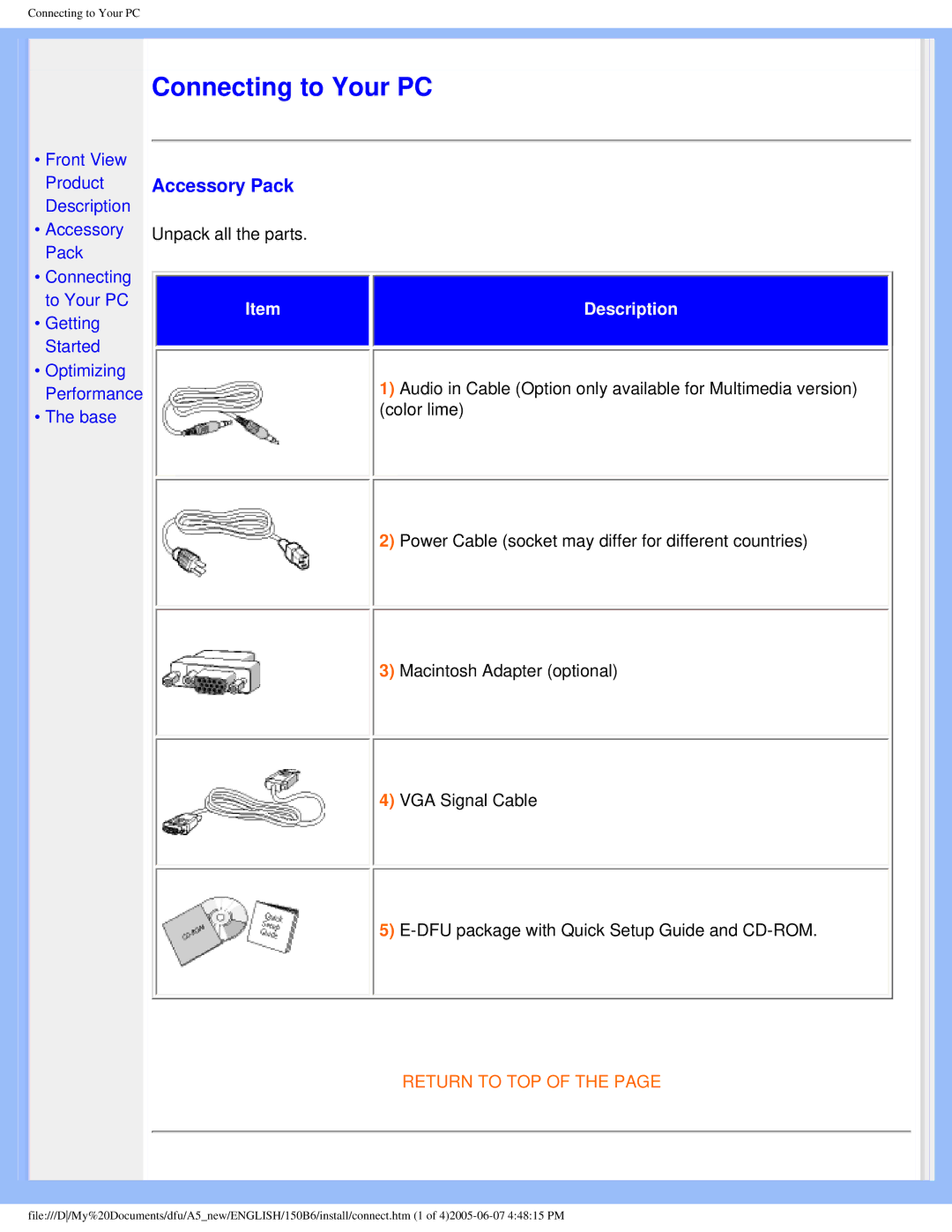 Philips 150B6 user manual Connecting to Your PC, Accessory Pack 