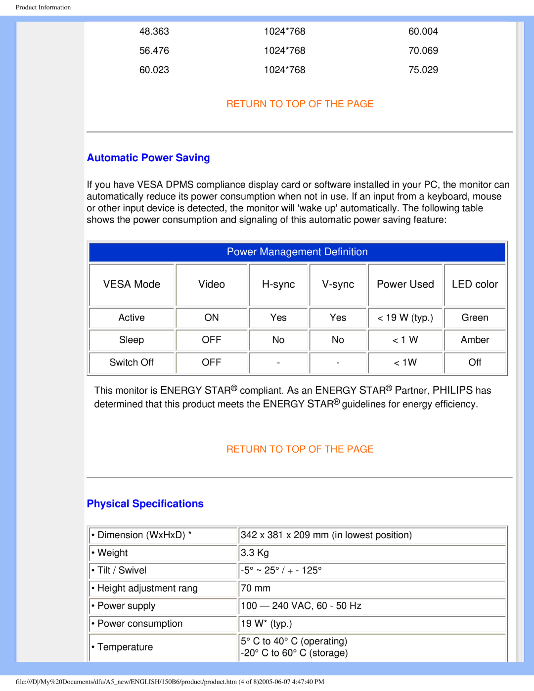 Philips 150B6 user manual Automatic Power Saving, Physical Specifications 