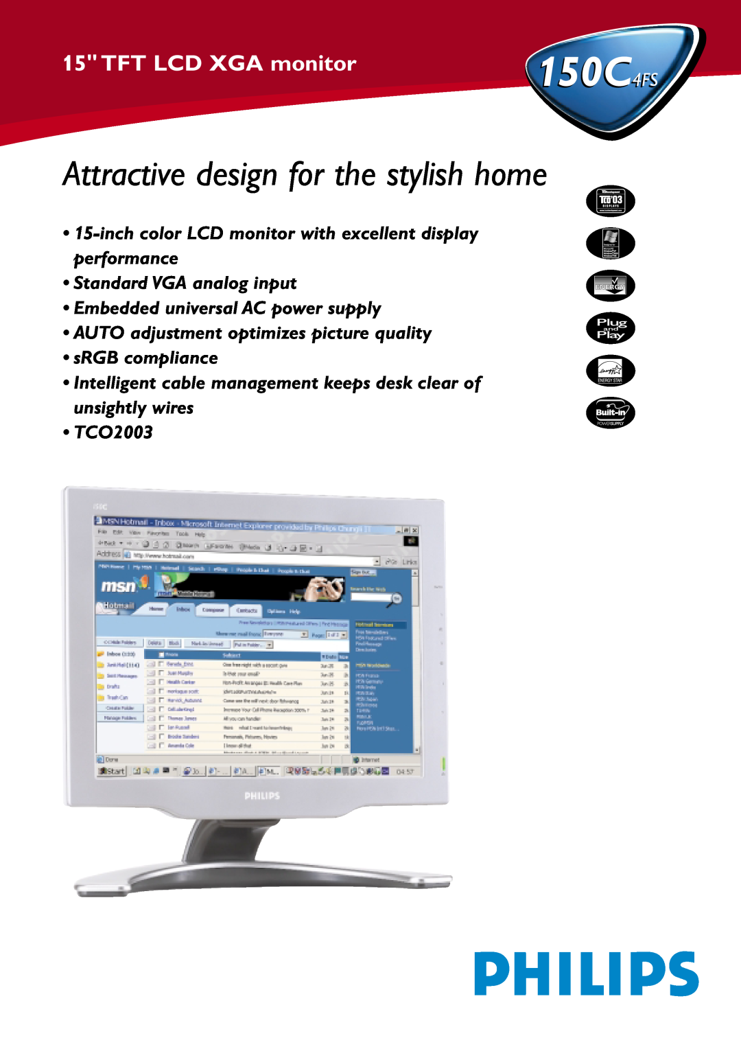 Philips manual 150C4FS, Attractive design for the stylish home, TFT LCD XGA monitor, Standard VGA analog input 