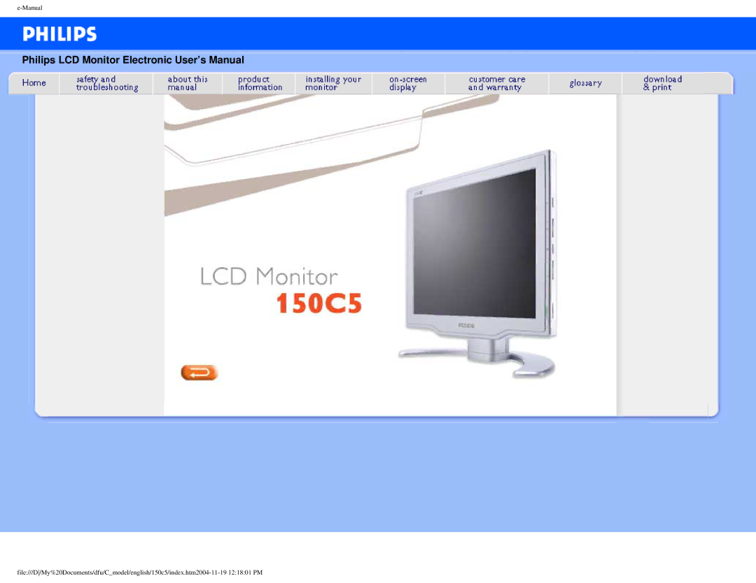 Philips 150c5 user manual Philips LCD Monitor Electronic User’s Manual 