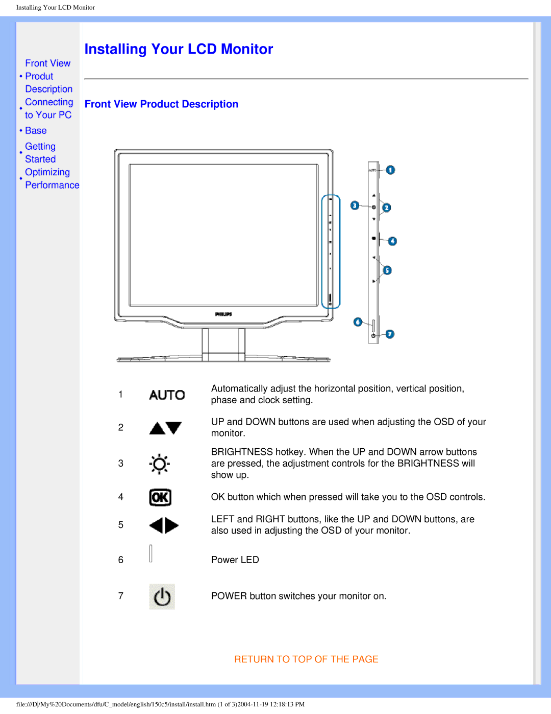 Philips 150c5 user manual Installing Your LCD Monitor, Front View Product Description 