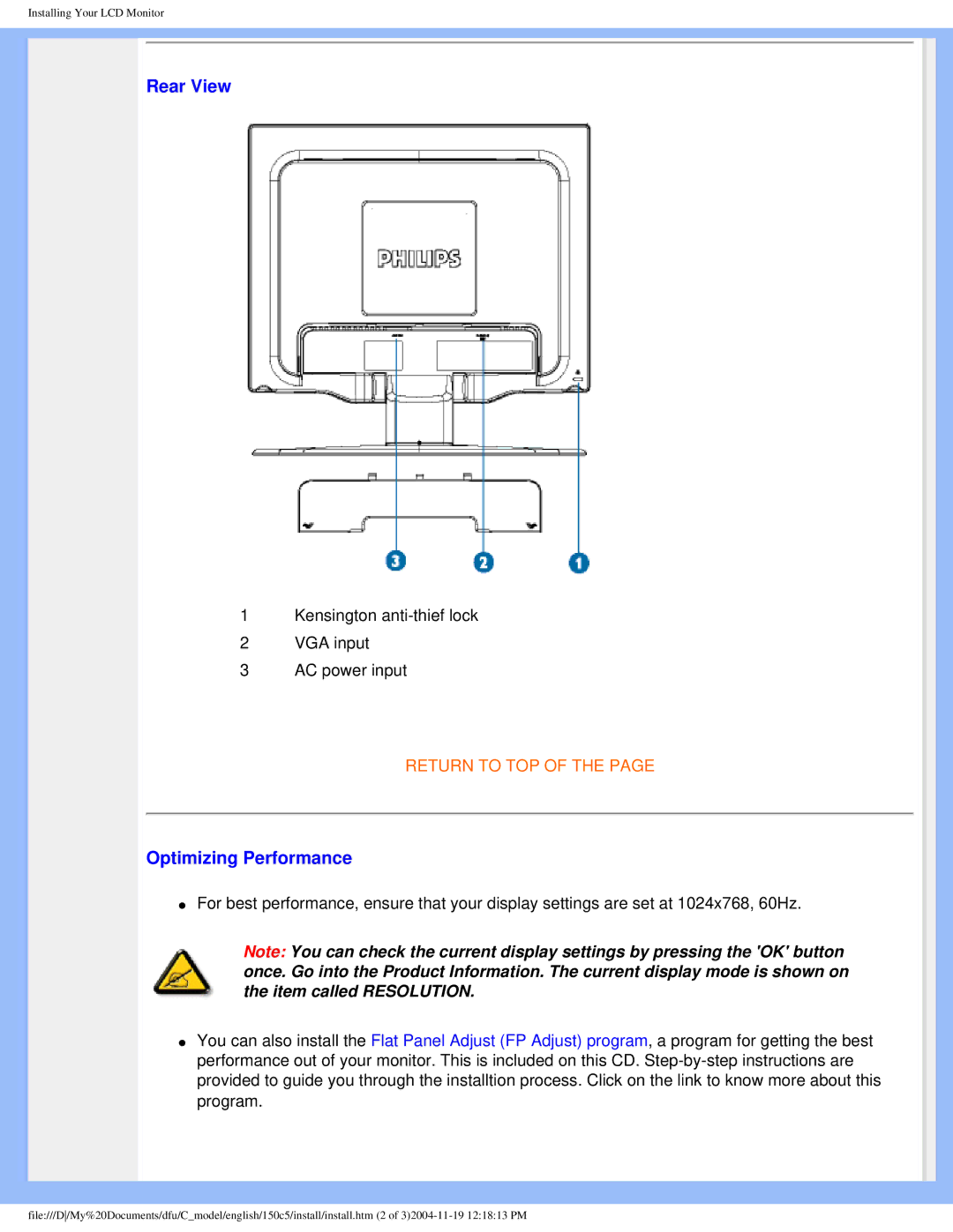 Philips 150c5 user manual Rear View, Optimizing Performance 