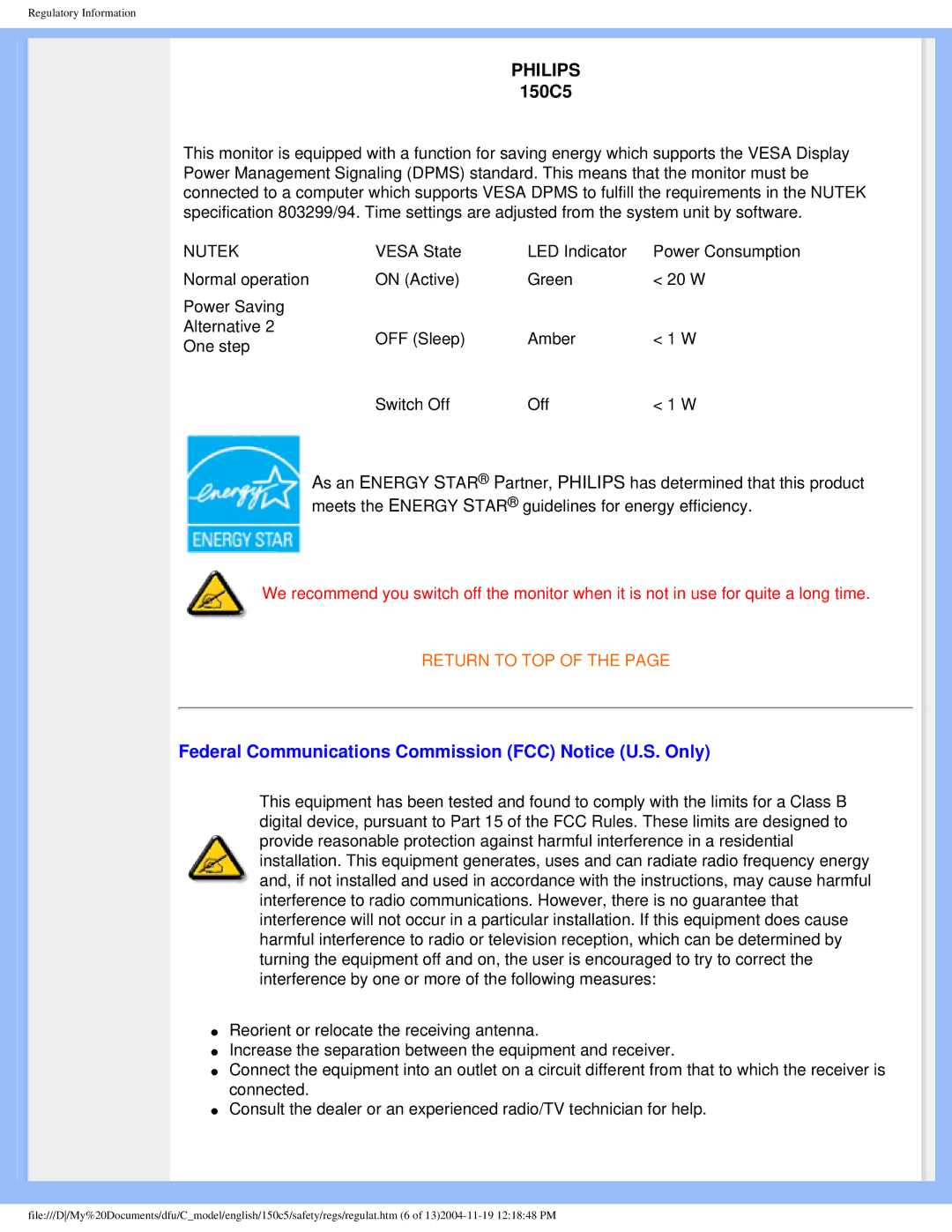 Philips 150c5 user manual Philips, Federal Communications Commission FCC Notice U.S. Only 