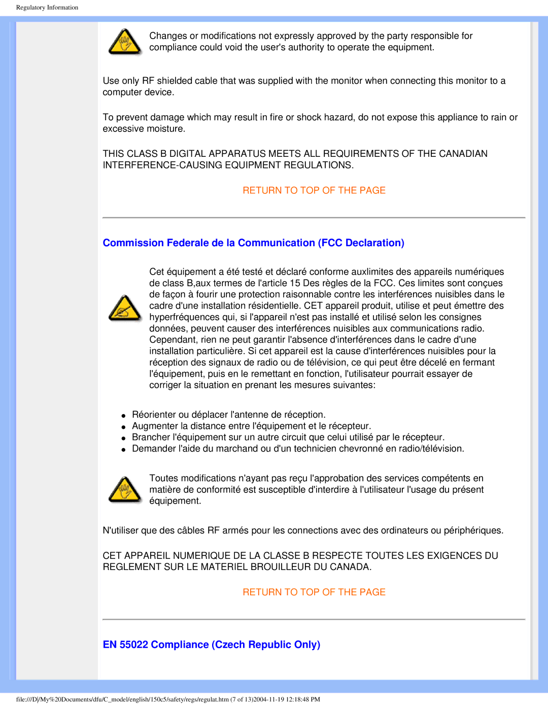 Philips 150c5 user manual Commission Federale de la Communication FCC Declaration, EN 55022 Compliance Czech Republic Only 