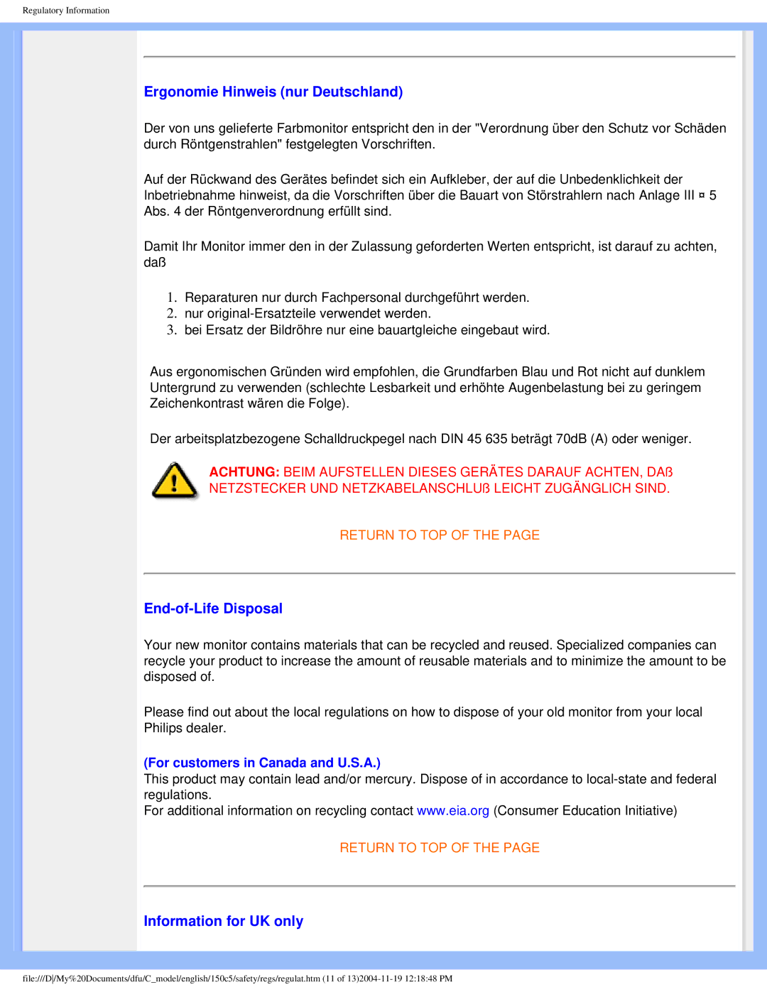 Philips 150c5 user manual Ergonomie Hinweis nur Deutschland, End-of-Life Disposal, Information for UK only 