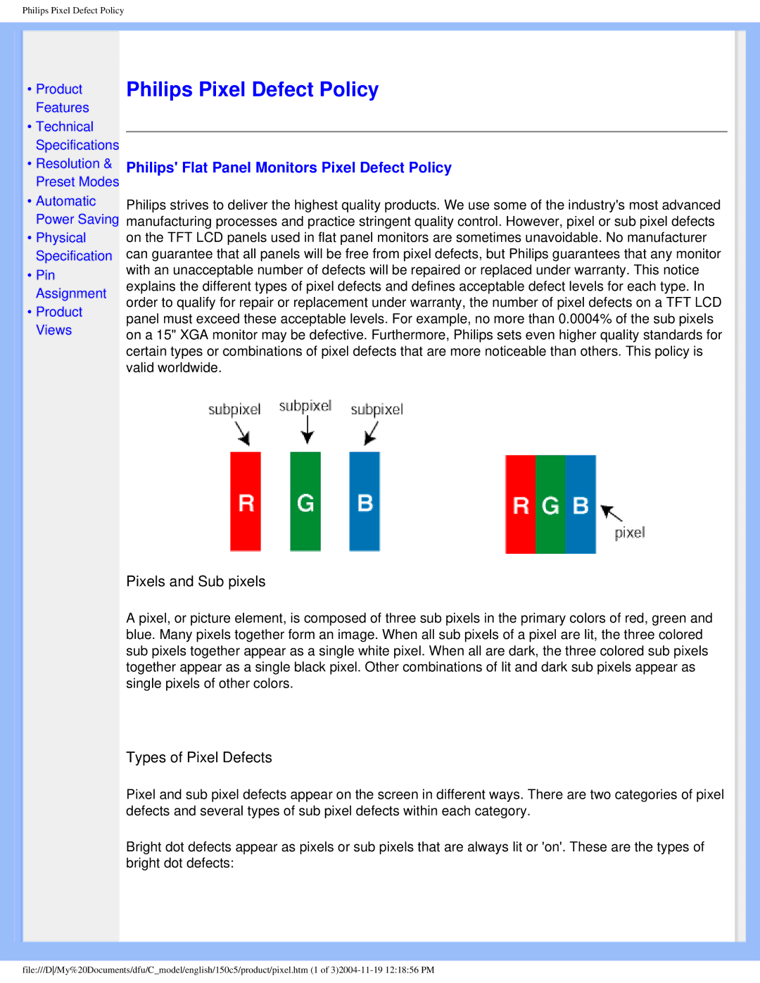 Philips 150c5 user manual Philips Pixel Defect Policy, Philips Flat Panel Monitors Pixel Defect Policy 