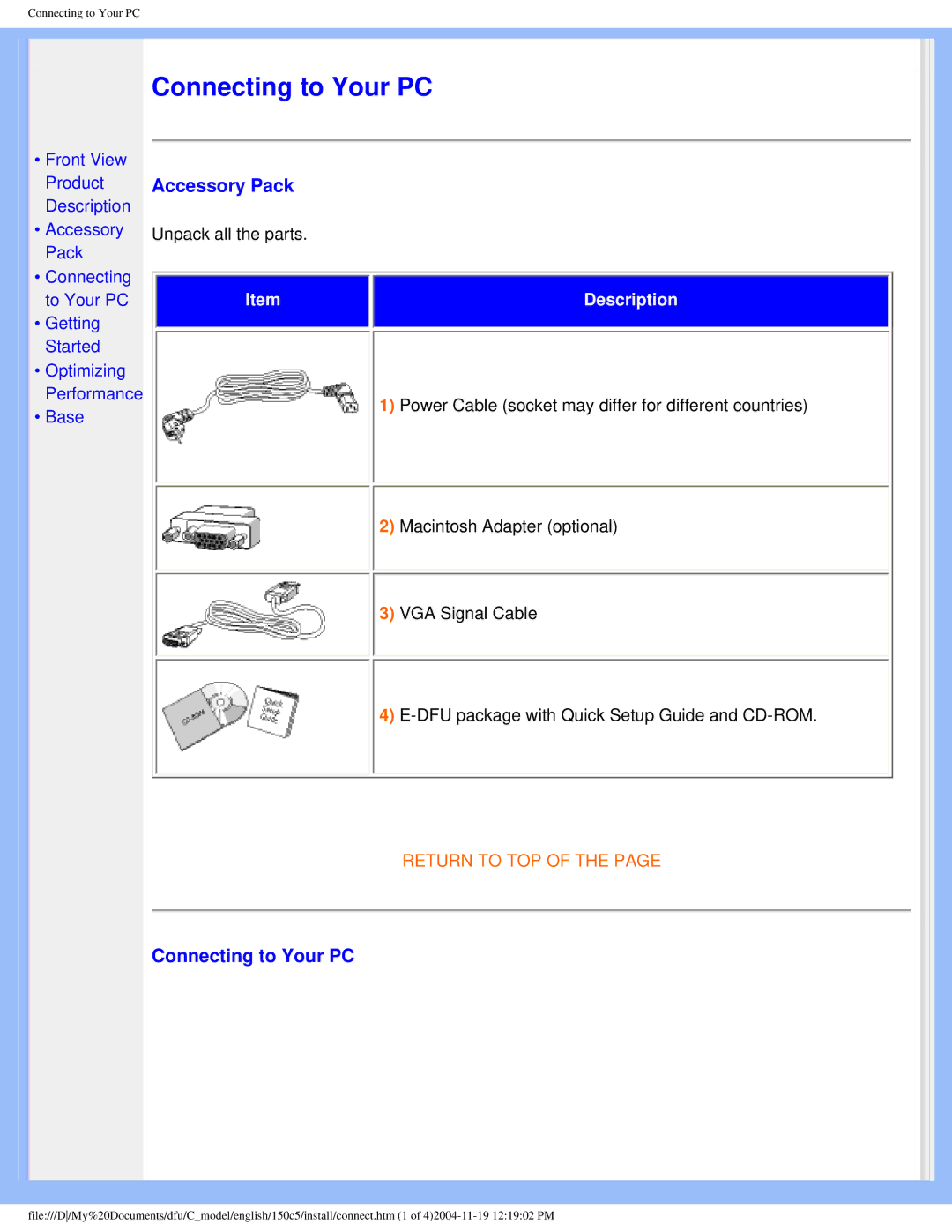 Philips 150c5 user manual Accessory Pack, Connecting to Your PC 