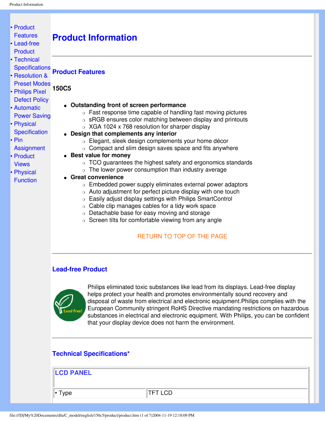 Philips 150c5 user manual Product Features, 150C5, Lead-free Product, Technical Specifications 