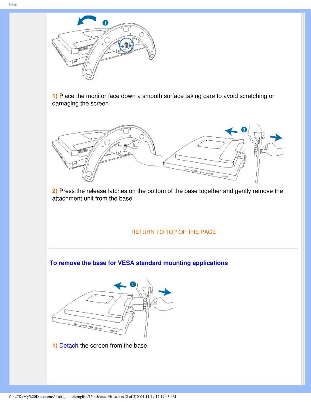 Philips 150c5 user manual To remove the base for Vesa standard mounting applications, Detach the screen from the base 