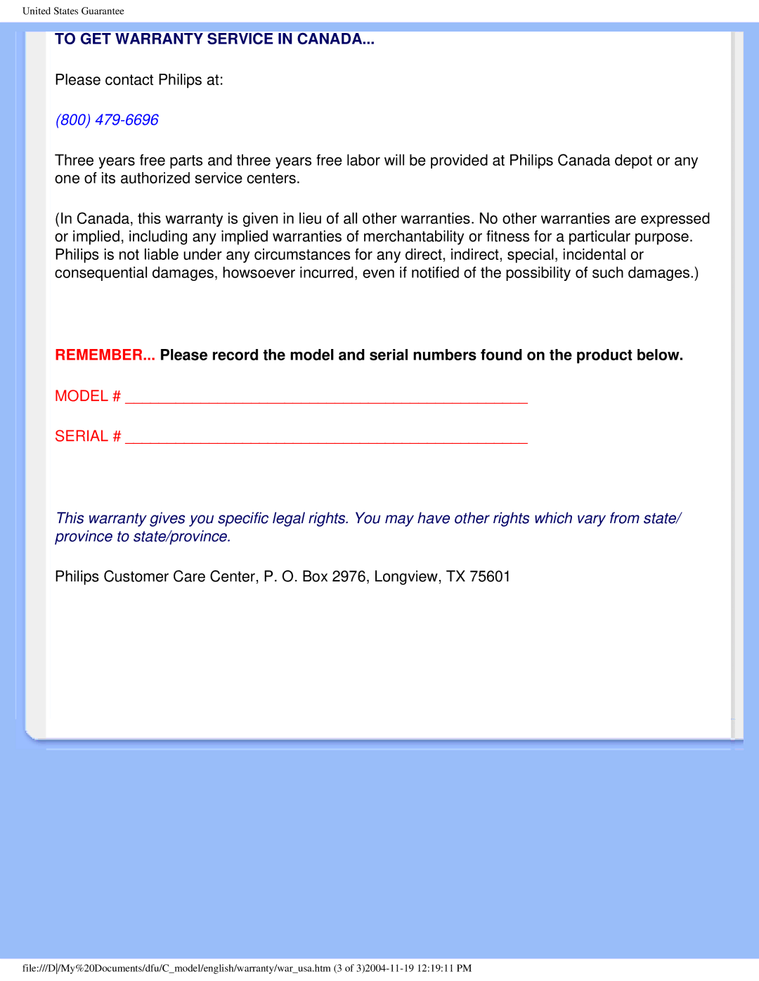 Philips 150c5 user manual To GET Warranty Service in Canada 