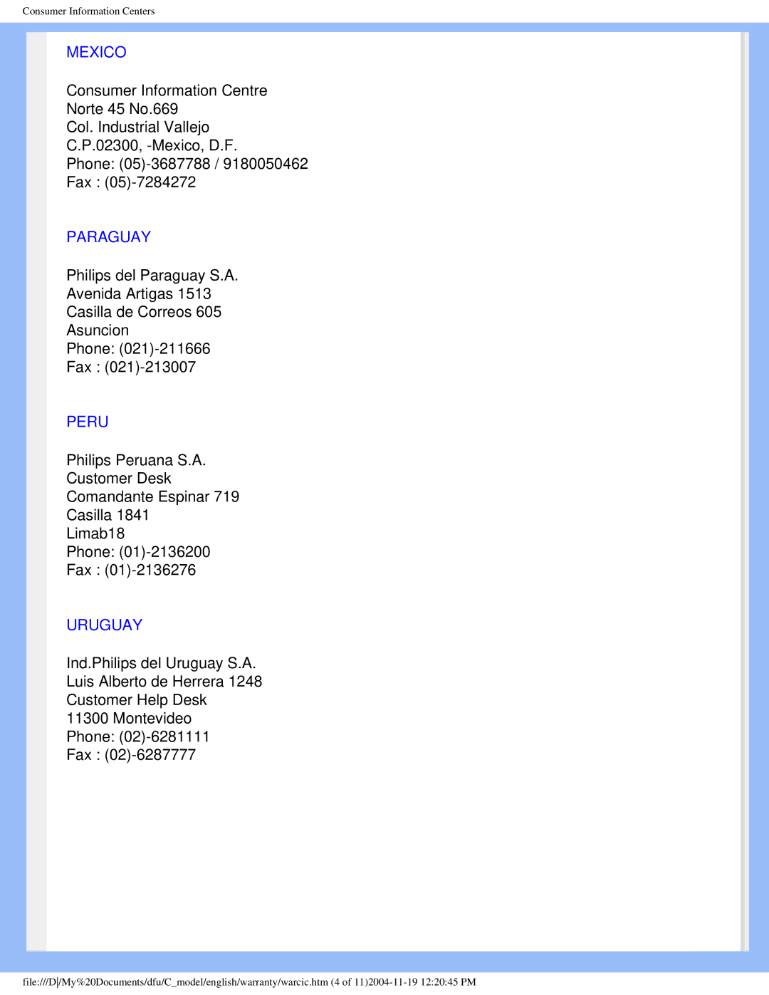 Philips 150c5 user manual Mexico, Paraguay, Peru, Uruguay 